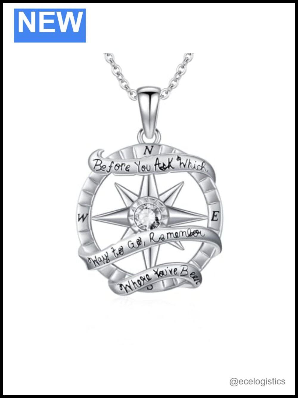 925 Sterling Silver Compass Necklace April Birthstone Pendant Graduation Jewelry